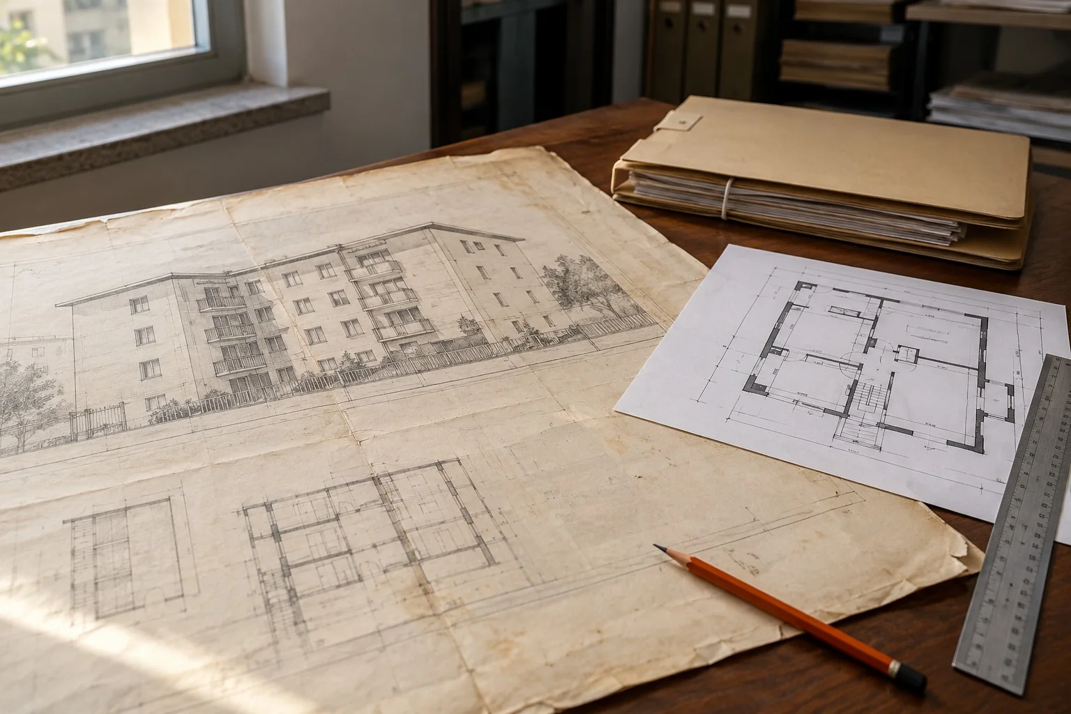 Titoli edilizi ed elaborati su un tavolo di archivio, immagine illustrativa