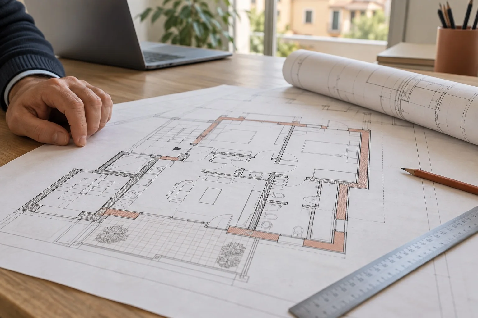 Preparazione di una pratica edilizia su elaborati architettonici, immagine illustrativa